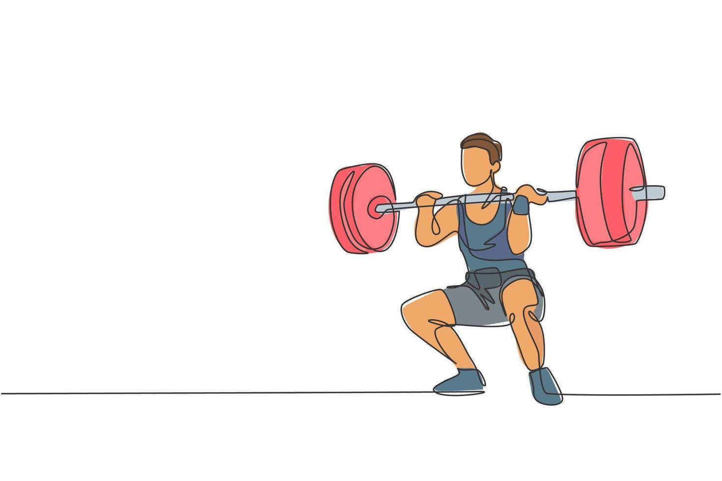 dibujo de una sola línea continua de un joven levantador de pesas fuerte que se prepara para hacer ejercicio con pesas en el gimnasio. concepto de entrenamiento de levantamiento de pesas. Ilustración de vector de diseño gráfico de dibujo de una línea de moda