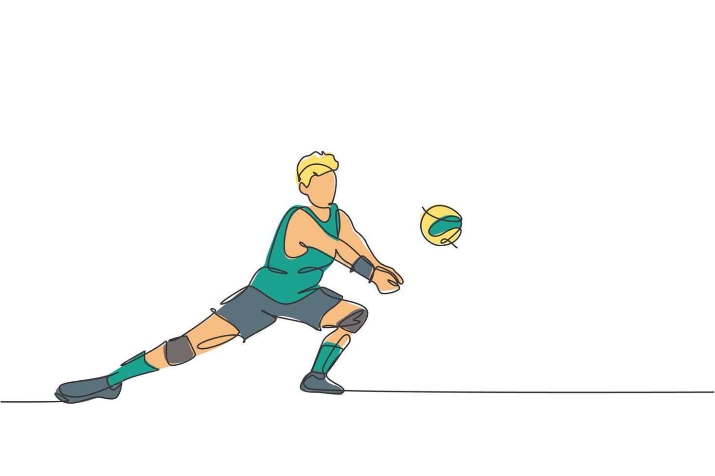 One single line drawing of young male professional volleyball player exercising block the ball on court vector illustration. Team sport concept. Tournament event.  Modern continuous line draw design
