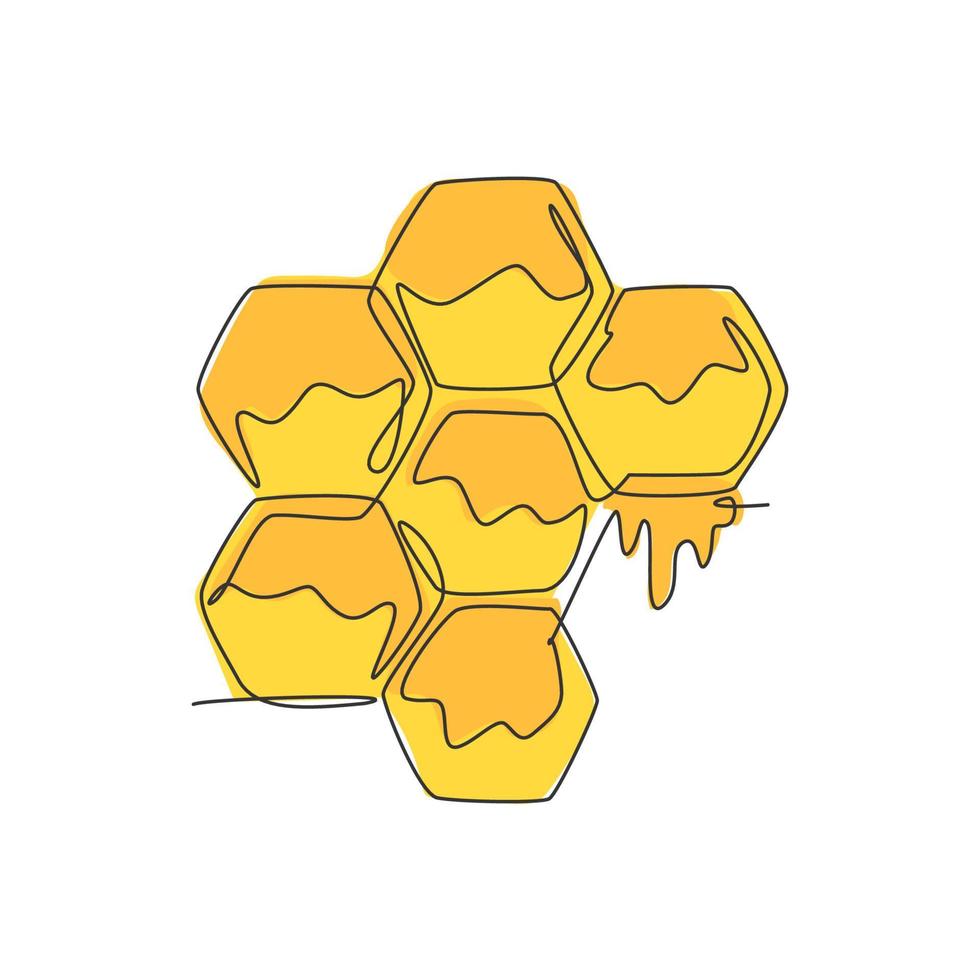 Single continuous line drawing of stylized bee hive with sweet honey drip from honeycomb. Natural healthy food concept. Modern one line draw design vector graphic illustration for organic supplement