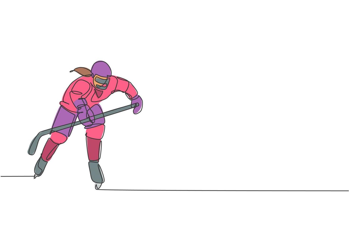 dibujo de una sola línea continua de un joven jugador profesional de hockey sobre hielo golpeó el disco y atacó en la arena de la pista de hielo. concepto de deporte extremo de invierno. Ilustración de vector gráfico de diseño de dibujo de una línea de moda