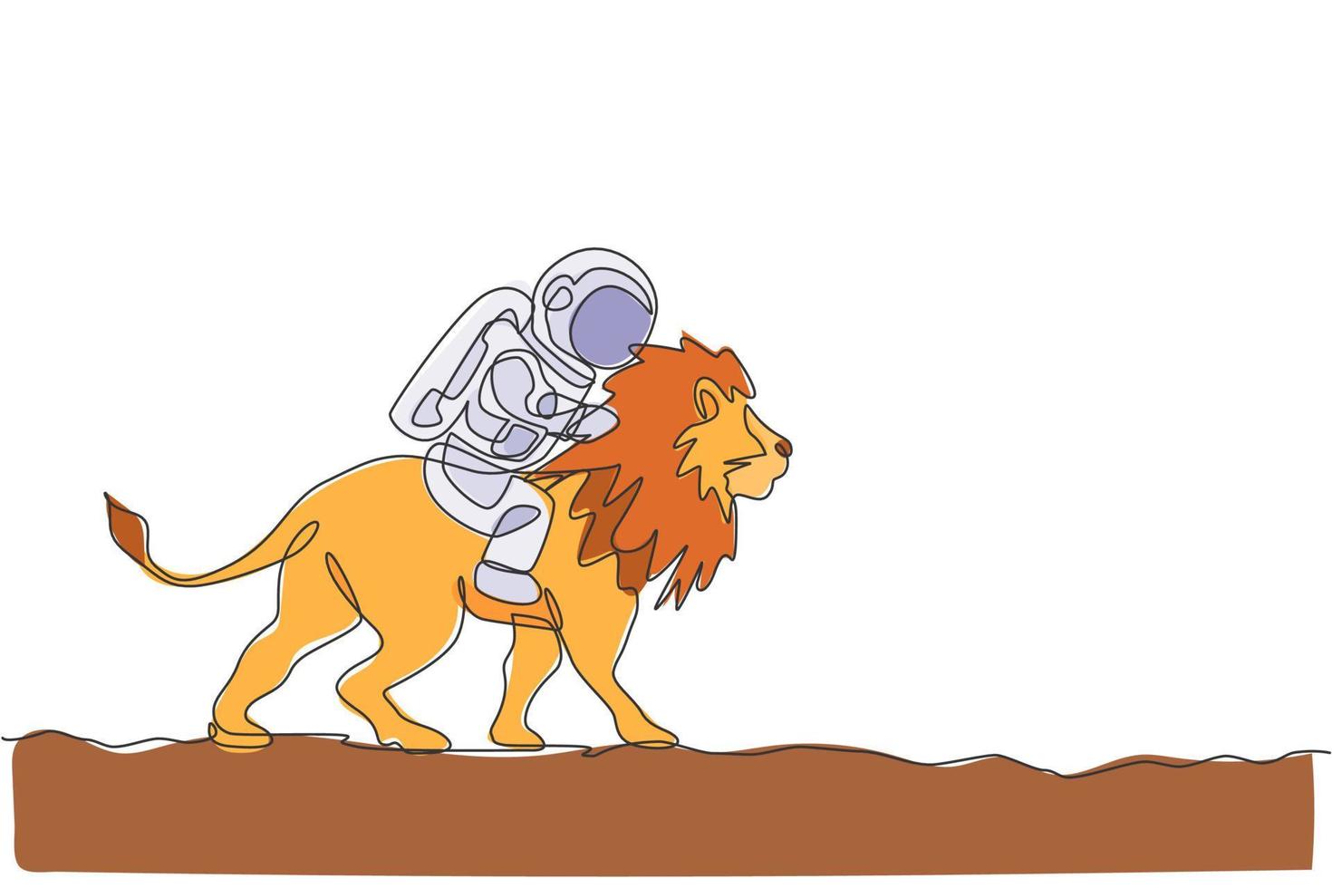 dibujo de línea continua única de cosmonauta con traje espacial montando león, animal salvaje en la superficie de la luna. concepto de viaje de safari de astronauta de fantasía. Ilustración de vector de diseño gráfico de dibujo de una línea de moda