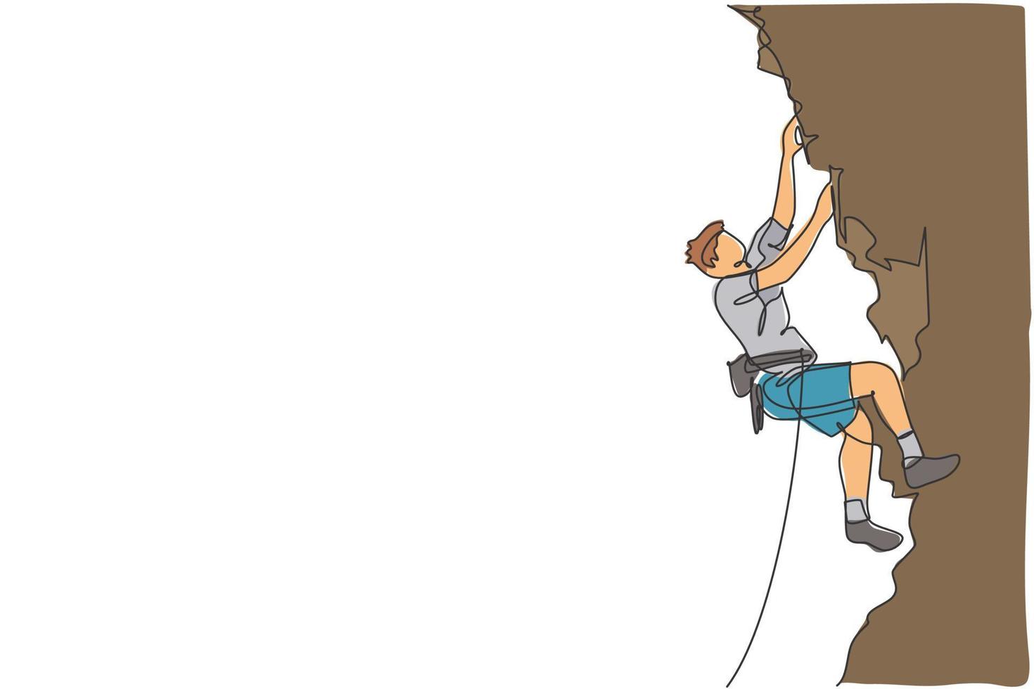 un dibujo de una sola línea de un joven activo escalando en la montaña del acantilado sosteniendo un gráfico de ilustración vectorial de cuerda de seguridad. deporte extremo al aire libre y concepto de boulder. diseño moderno de dibujo de línea continua vector