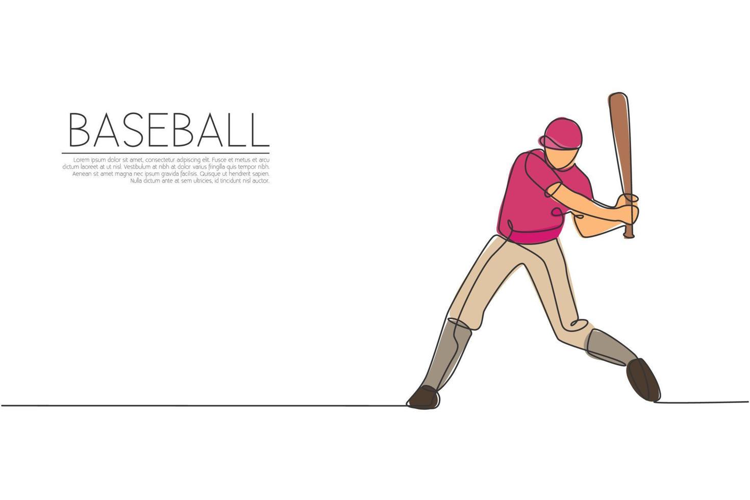 Single continuous line drawing of young agile man baseball player practice to hit the ball. Sport exercise concept. Trendy one line draw design graphic vector illustration for baseball promotion media