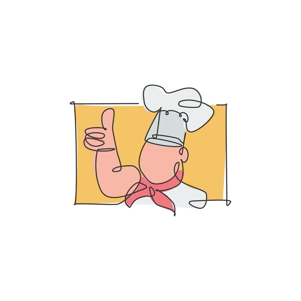 Single continuous line drawing of stylized chef man character mascot with thumbs up finger gesture logo label. Emblem restaurant concept. Modern one line draw design vector illustration for kitchen