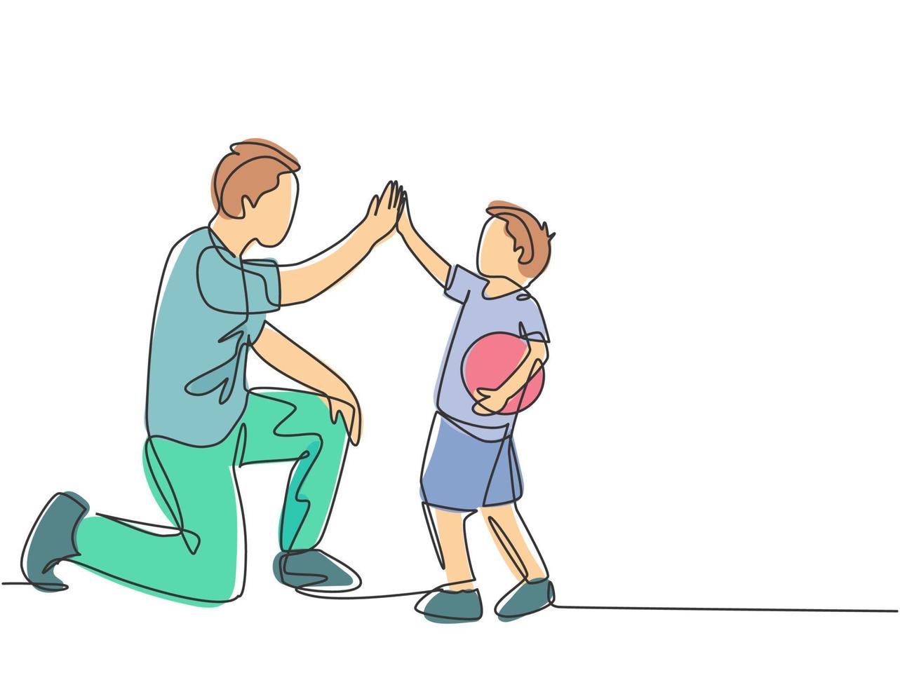 One line drawing of young happy father bow his body to give high five gesture to his boy and giving high five gesture. Parenting family care concept. Continuous line draw design vector illustration