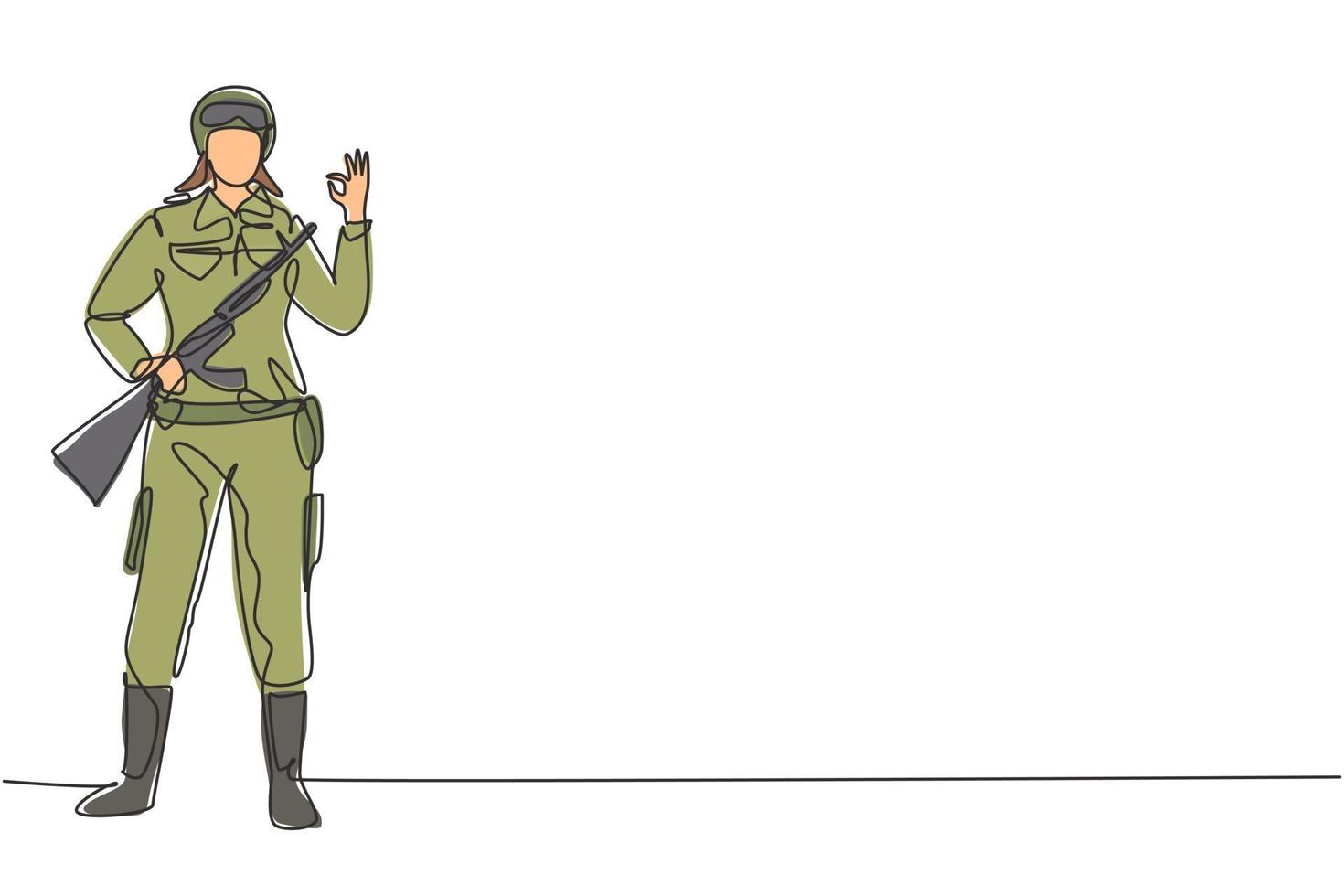 dibujo continuo de una línea, mujeres soldados se encuentran con armas, uniforme completo y gesto bien al servicio del país con la fuerza de las fuerzas militares. Ilustración gráfica de vector de diseño de dibujo de una sola línea