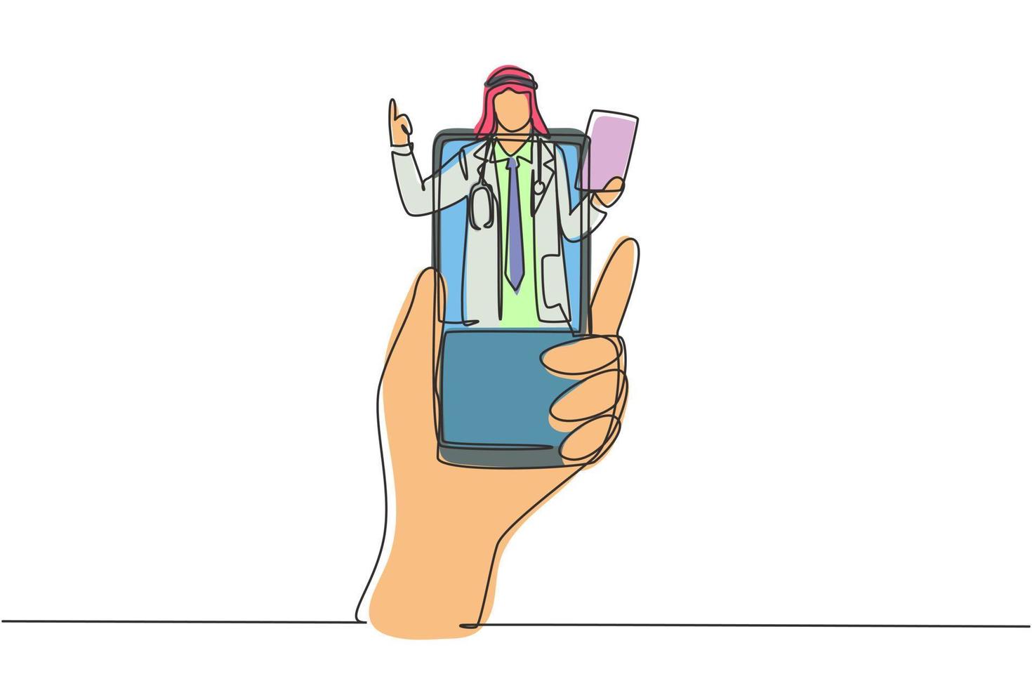 dibujo de línea continua única mano que sostiene el teléfono inteligente y hay un médico árabe que sale de la pantalla del teléfono inteligente que sostiene el portapapeles. concepto de consulta en línea. vector de diseño gráfico de dibujo de una línea