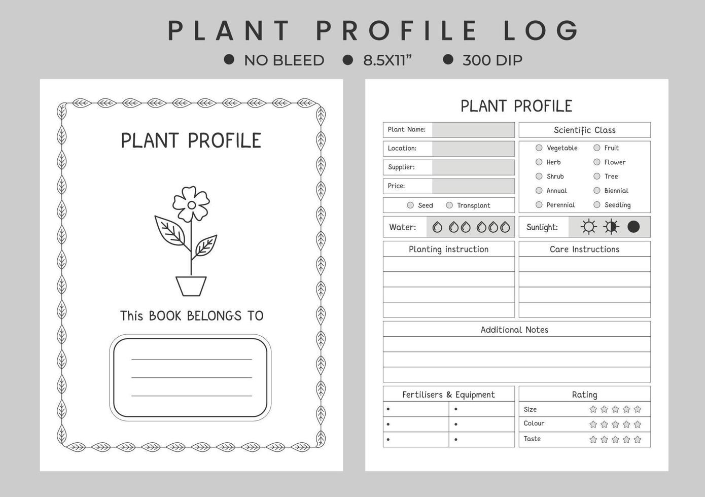 Plant journal logbook or notebook planner, plant profile, gardening journal. vector