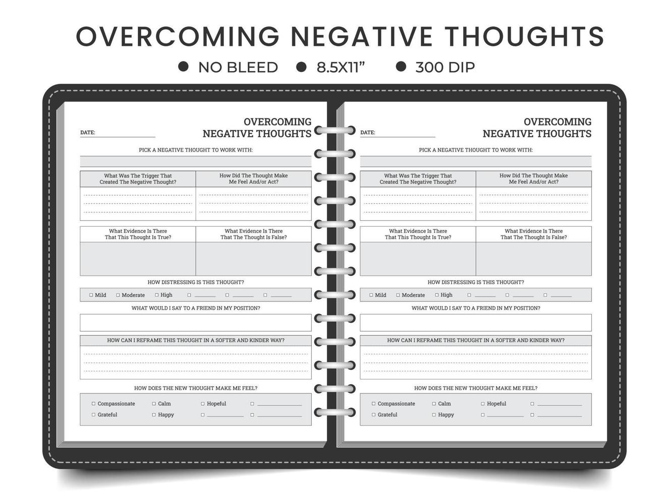 Challenging Negative Thoughts, worksheet overcoming negative thoughts, planner or logbook journal printable template vector