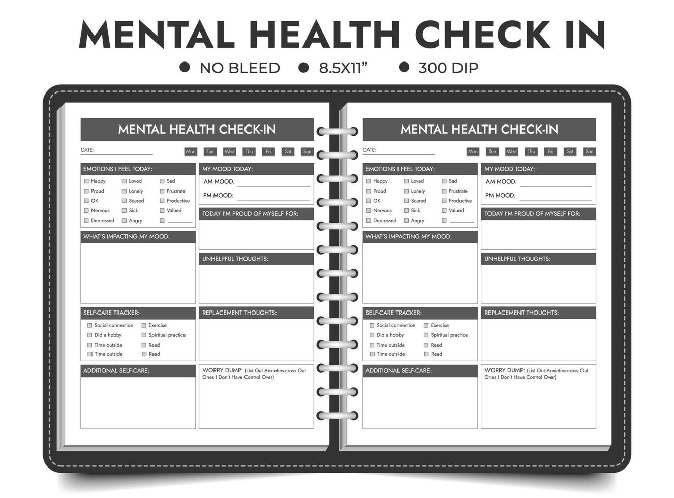 Mental Wellness Check-In, Mental Health Check-in Worksheet, Mental Health journal, or logbook planner vector