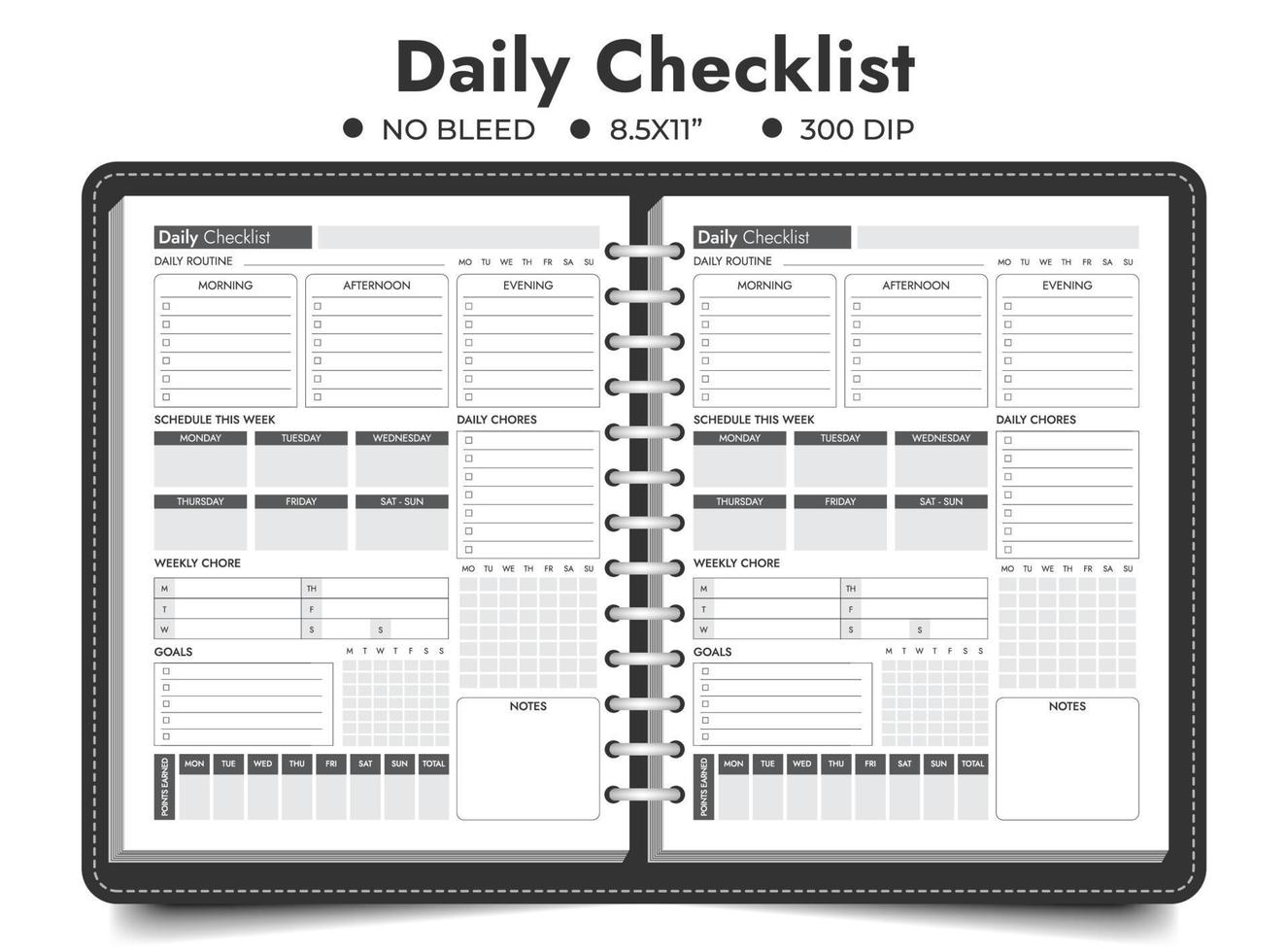 Daily checklist routine log planner notebook page, printable tracker, Daily activities planner, logbook, mood diary. vector