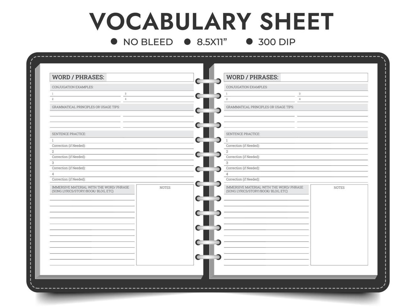 vocabulario libro de trabajo sábana plantillas vector