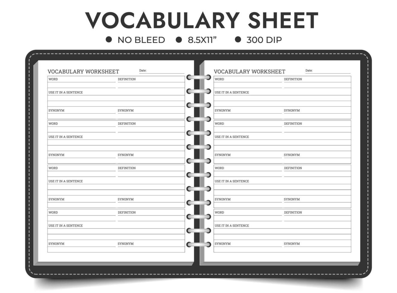 Vocabulary workbook sheet templates vector
