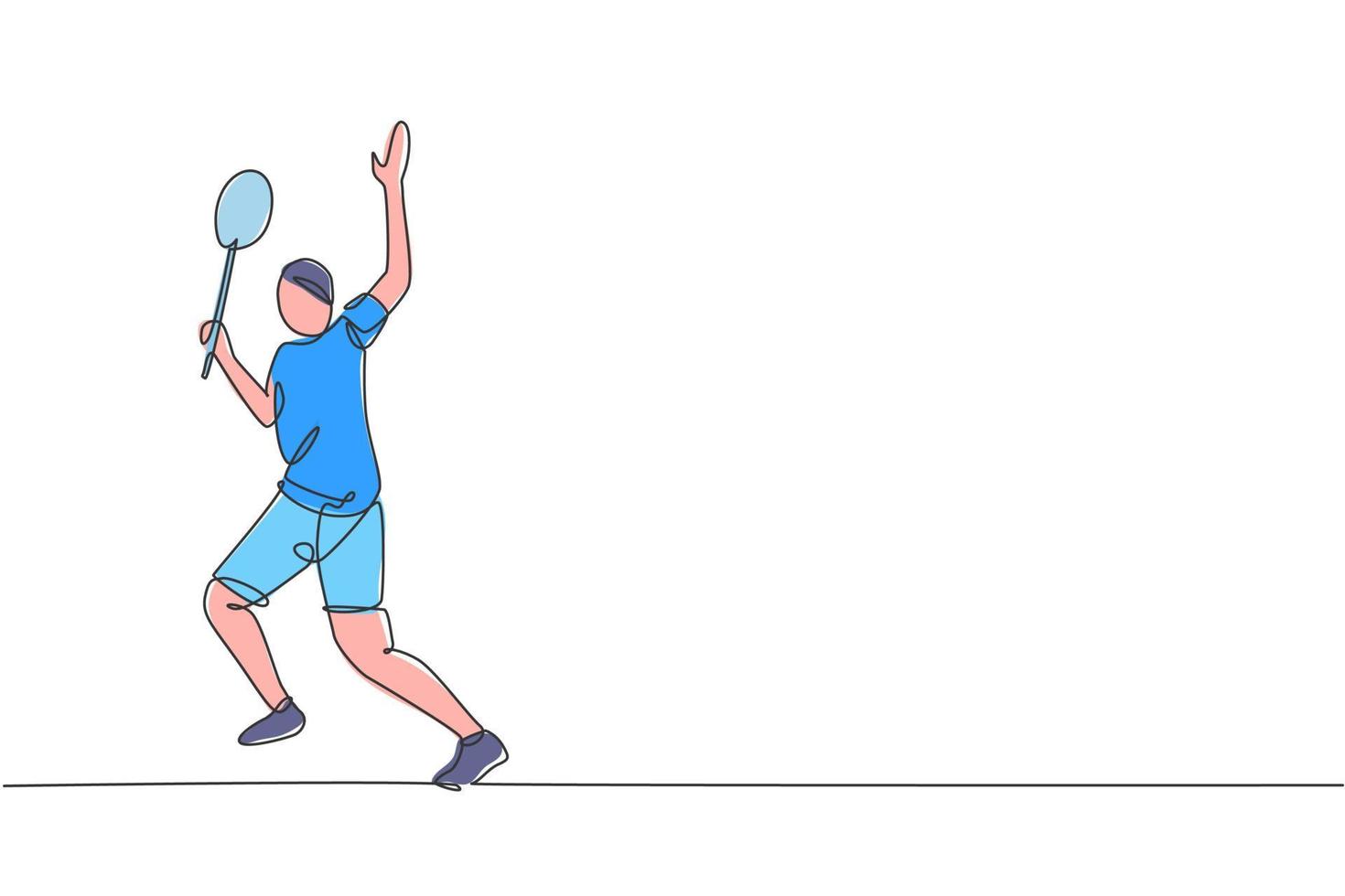 Single continuous line drawing of young agile badminton player hit shuttlecock. Competitive sport concept. Trendy one line draw design vector illustration for badminton tournament publication media