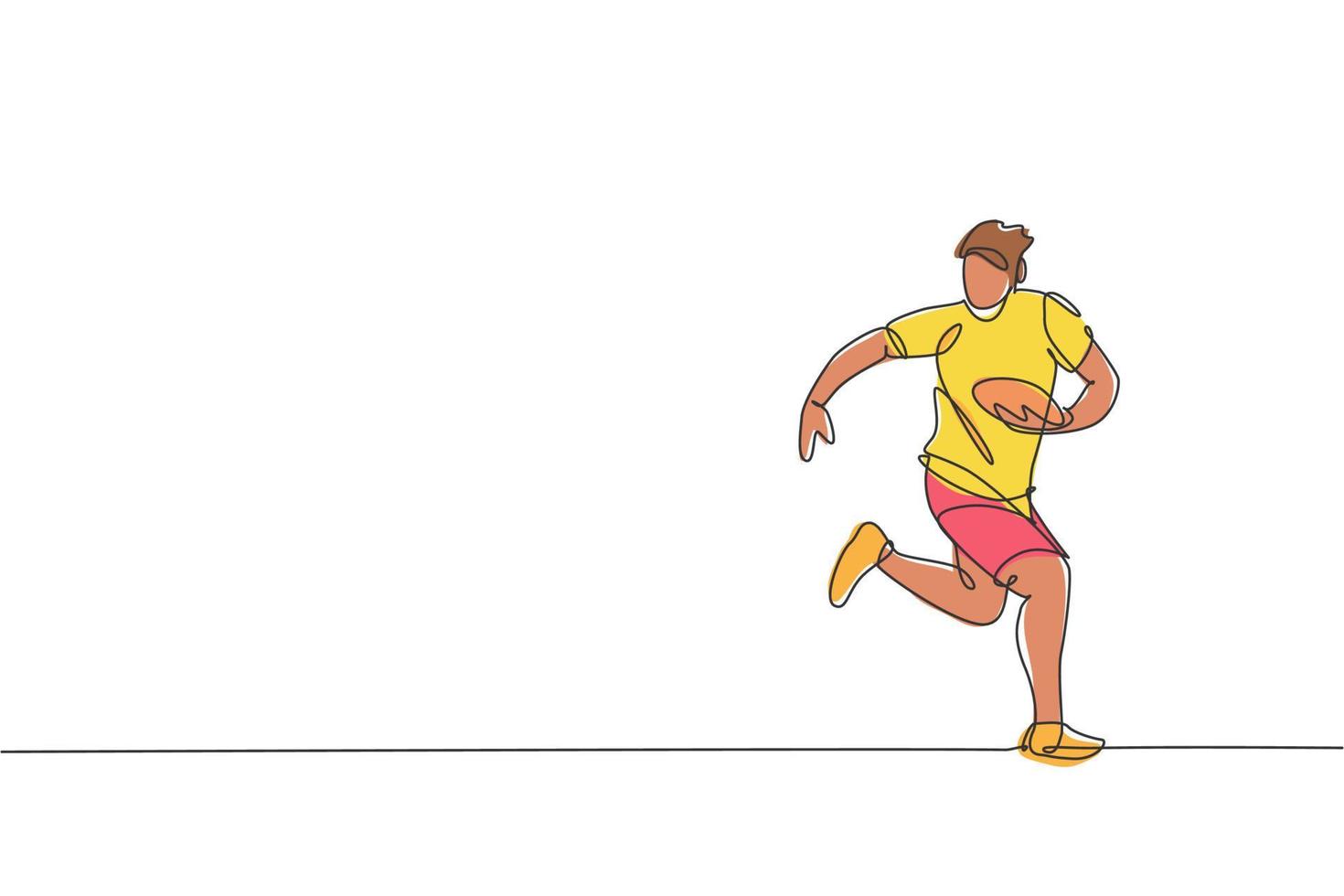 Single continuous line drawing of young agile rugby player running and holding the ball. Competitive sport concept. Trendy one line draw design vector illustration for rugby tournament promotion media