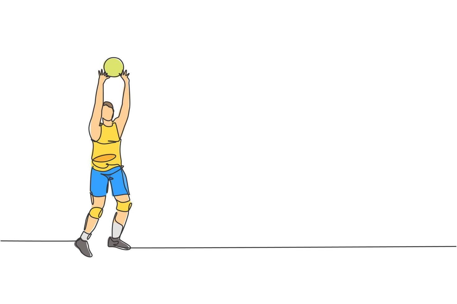 uno continuo línea dibujo de joven masculino profesional vóleibol jugador en acción en corte. sano competitivo equipo deporte concepto. dinámica soltero línea dibujar diseño gráfico vector ilustración