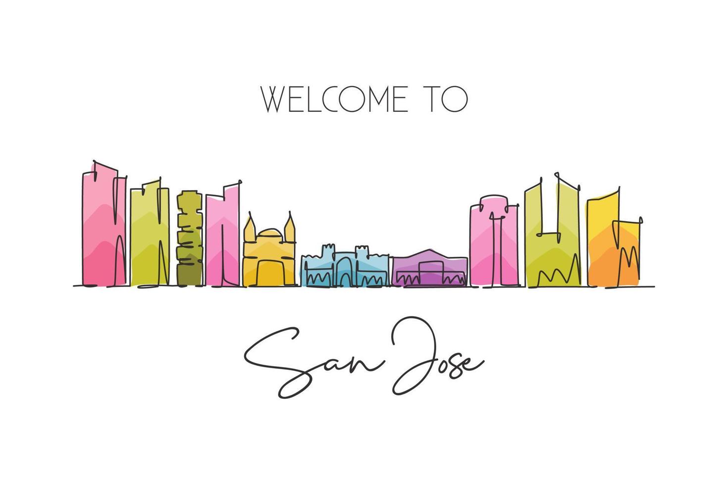 One continuous line drawing San Jose city skyline, Costa Rica. Beautiful landmark home decor poster print. World landscape tourism travel vacation. Stylish single line draw design vector illustration