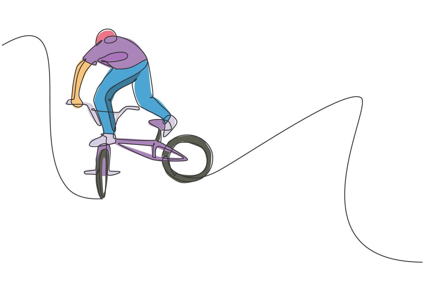 Single continuous line drawing of young BMX cycle rider show flying into the air trick in skatepark. BMX freestyle concept. One line draw design vector illustration for freestyle promotion art media