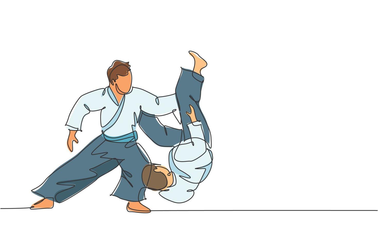 dibujo de línea continua única de dos jóvenes deportistas con kimono practicando throeing en la técnica de lucha de aikido. concepto de arte marcial japonés. Ilustración de vector de diseño de dibujo de una línea de moda