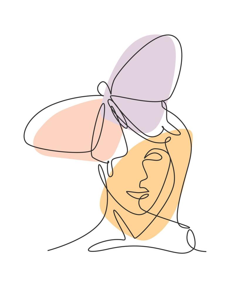 One single line drawing woman with butterfly line art vector illustration. Female abstract face butterfly wings portrait minimalistic fashion style concept. Modern continuous line graphic draw design