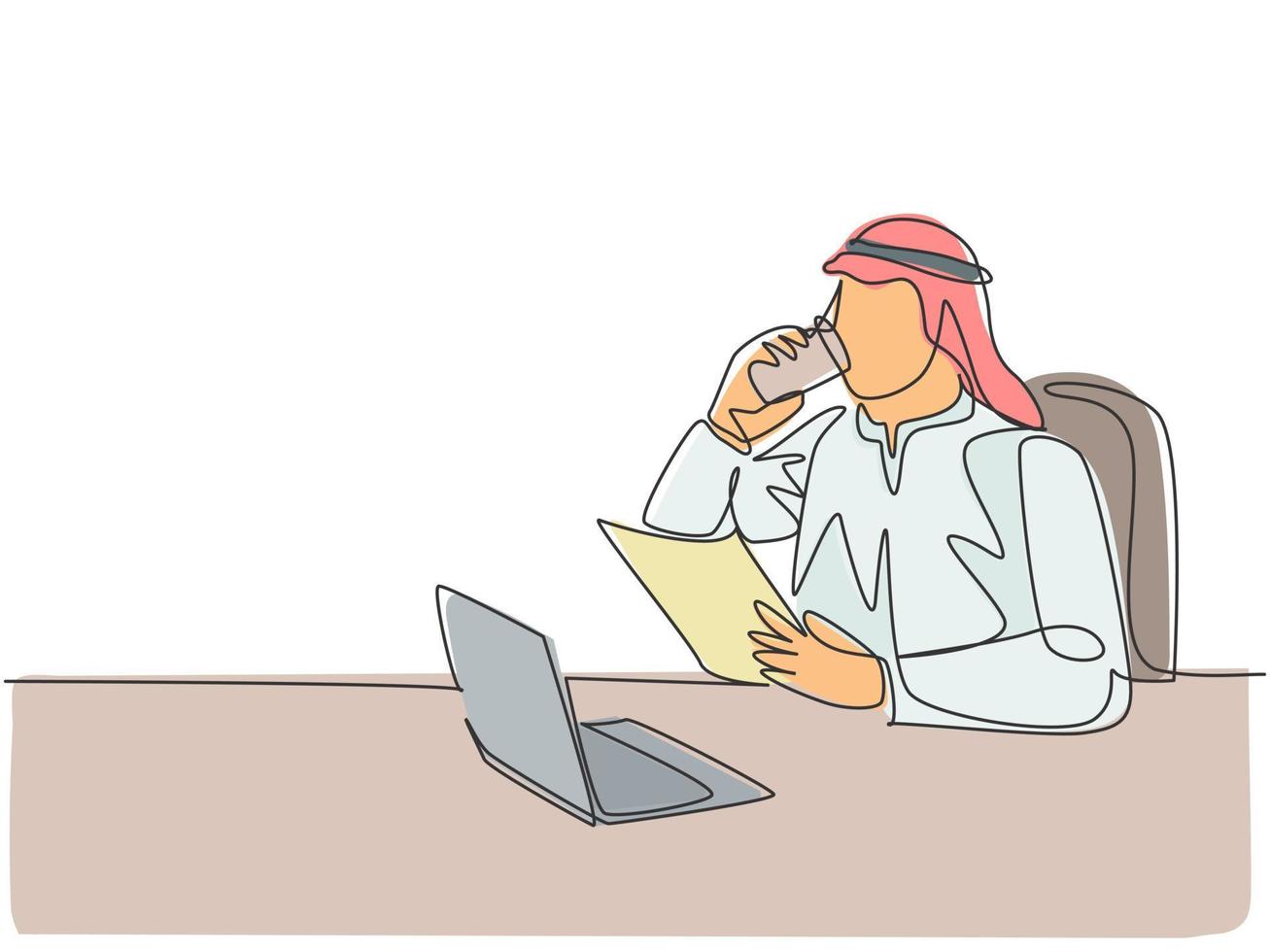 One continuous line drawing of young muslim businessman reading business annual report paper. Saudi Arabian male with shmag, kandora, headscarf, thobe, ghutra. One line draw design illustration vector