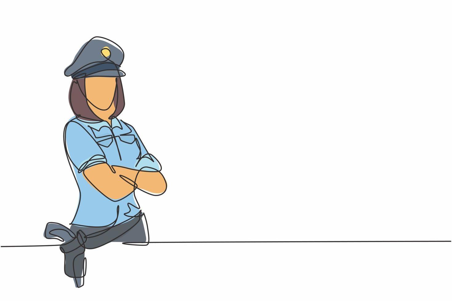dibujo de línea continua única de mujer policía joven belleza en uniforme posando brazos cruzados en el pecho. ocupación de trabajo de trabajo profesional. concepto de minimalismo dibujo de una línea diseño gráfico ilustración vectorial vector