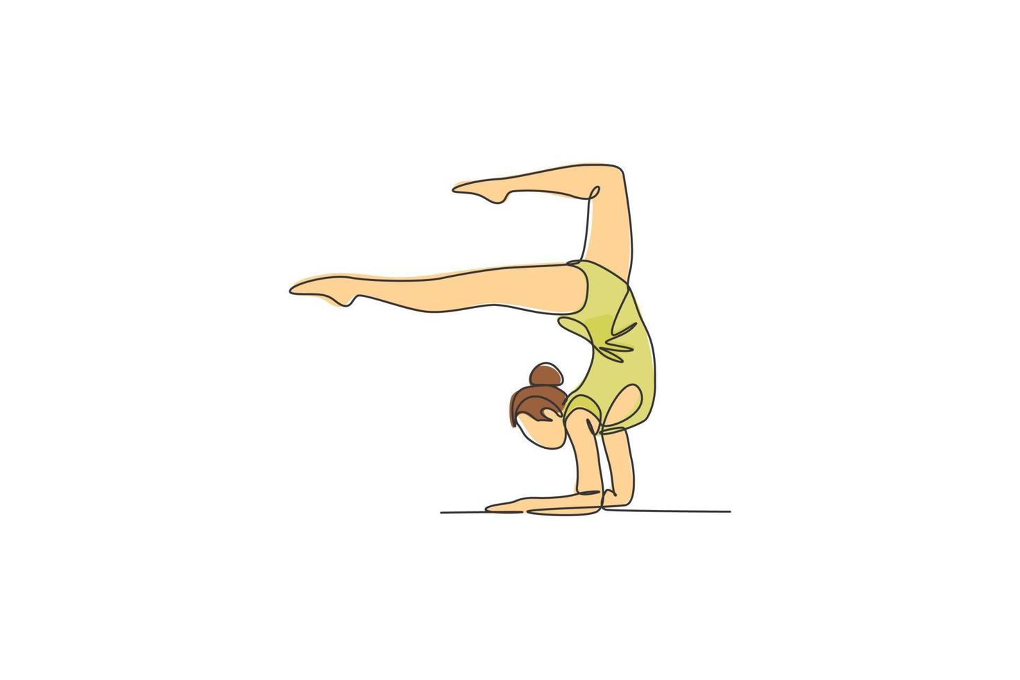 One single line drawing of young beauty gymnast girl exercise floor rhythmic gymnastic at gym vector illustration. Healthy athlete teen lifestyle and sport concept. Modern continuous line draw design