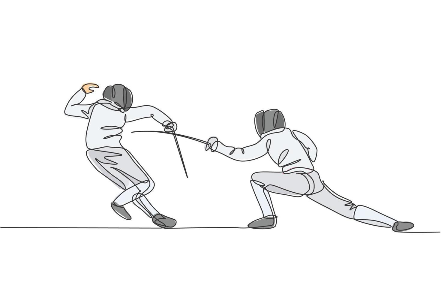 Single continuous line drawing of two young professional fencer athlete men in fencing mask and rapier duel at arena. Sport fight competition concept. Trendy one line draw design vector illustration