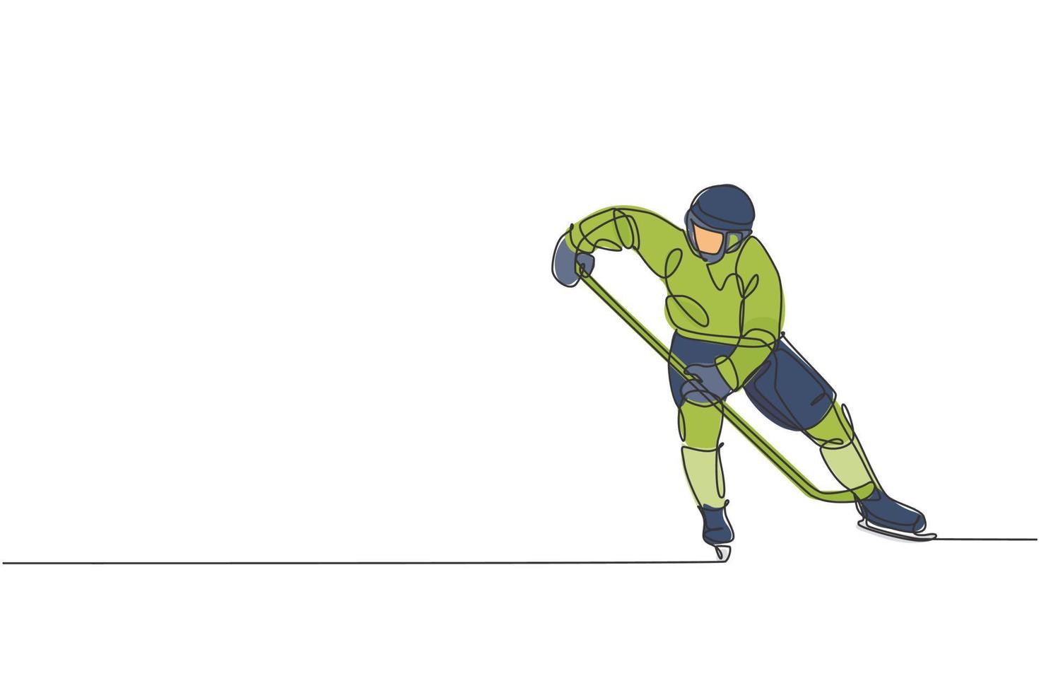 un dibujo de línea continua de un joven jugador profesional de hockey sobre hielo haciendo ejercicio y practicando en un estadio de pista de hielo. concepto de deporte extremo saludable. Ilustración de vector de diseño de dibujo de línea única dinámica