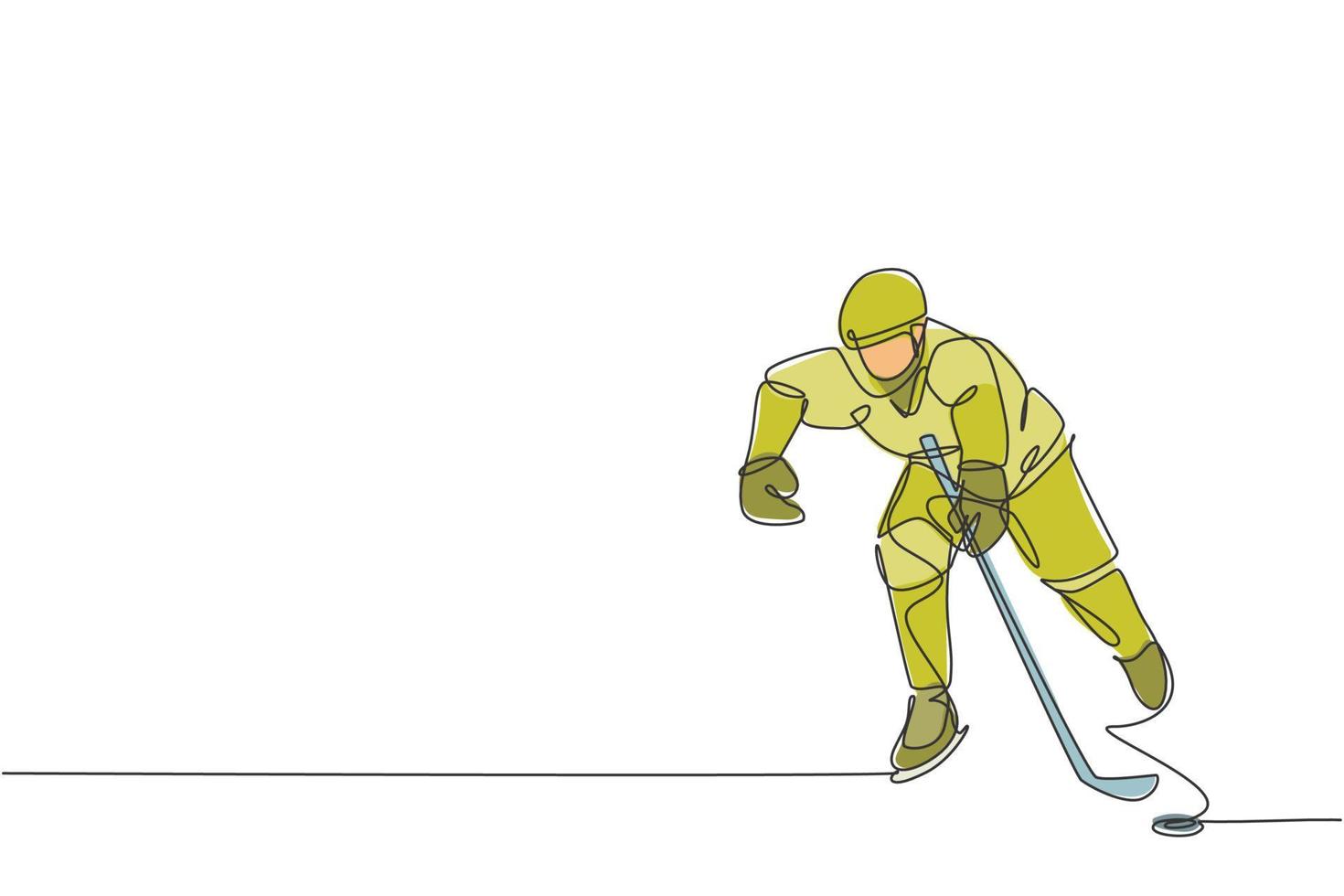Single continuous line drawing of young professional ice hockey player hit the puck and attack on ice rink arena. Extreme winter sport concept. Trendy one line draw design vector graphic illustration