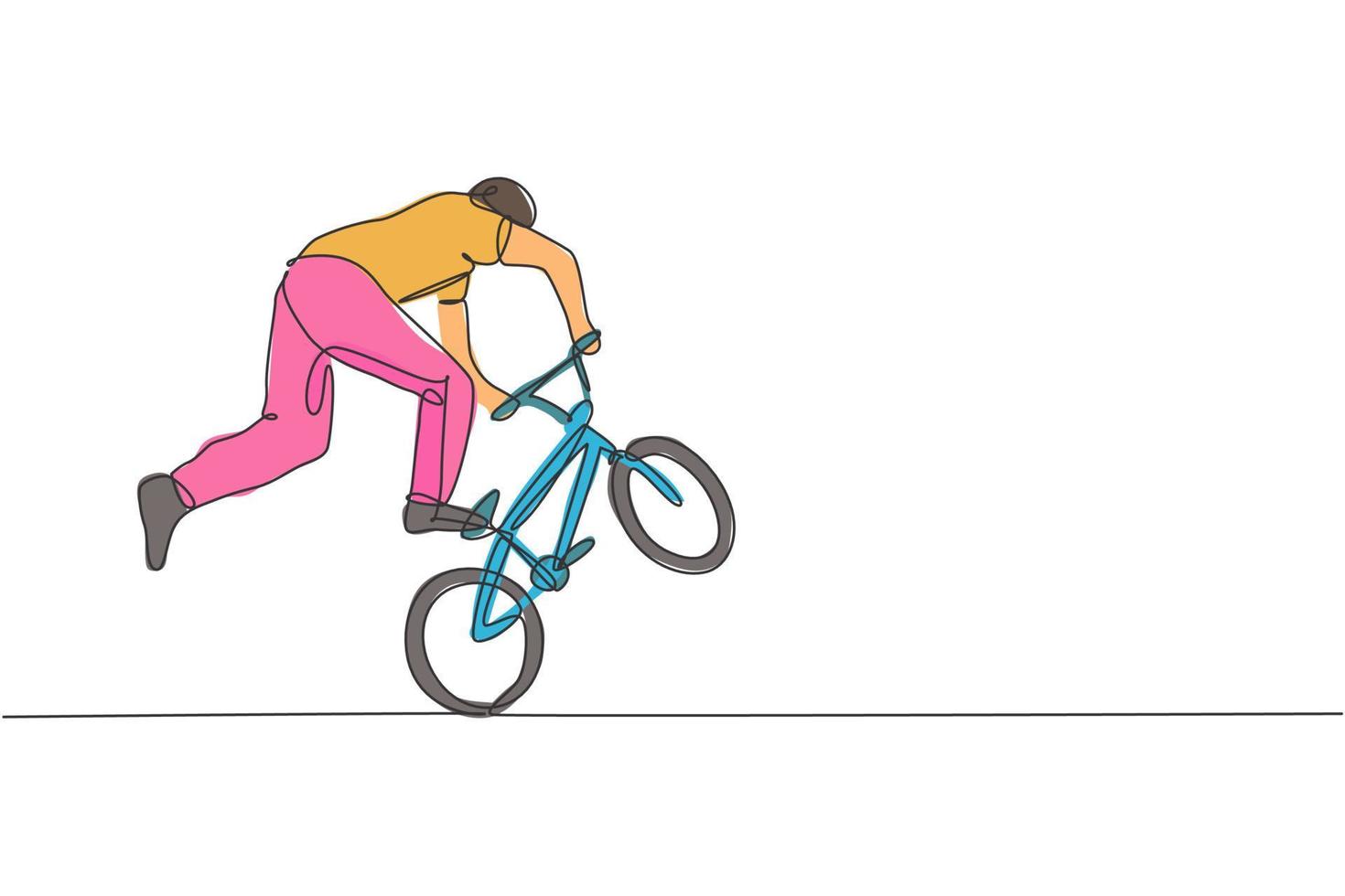 el dibujo de una sola línea continua de un joven ciclista de bmx muestra un truco extremadamente arriesgado en el parque de patinaje. concepto de estilo libre bmx. ilustración de vector de diseño de dibujo de una línea de moda para medios de promoción de estilo libre