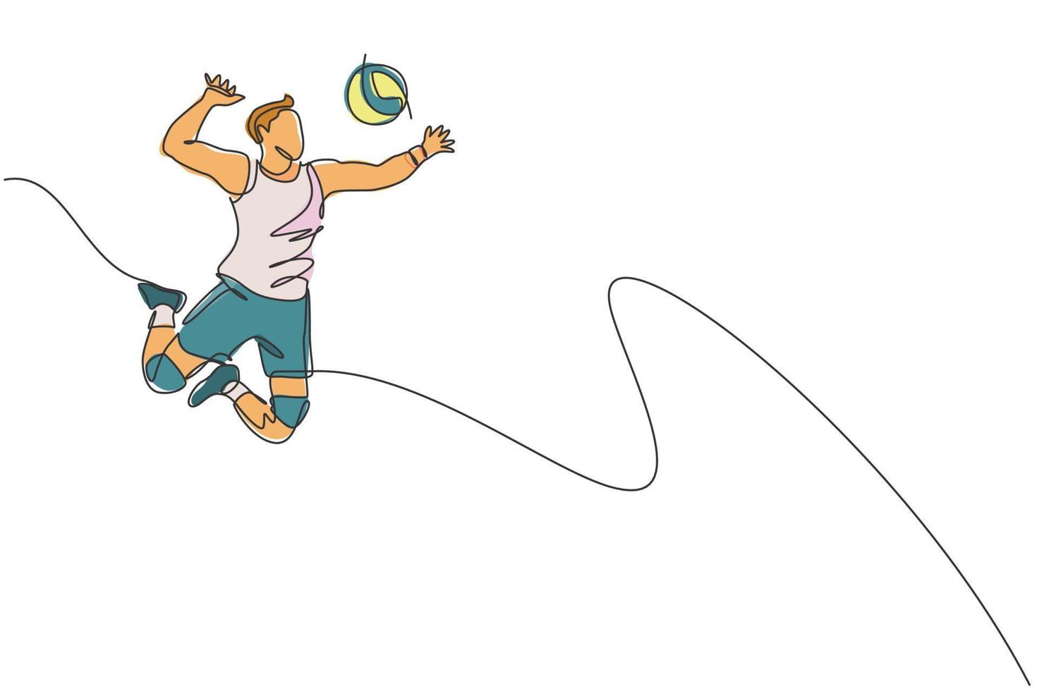 One single line drawing of young male professional volleyball player exercising jumping spike on court vector illustration. Team sport concept. Tournament event.  Modern continuous line draw design