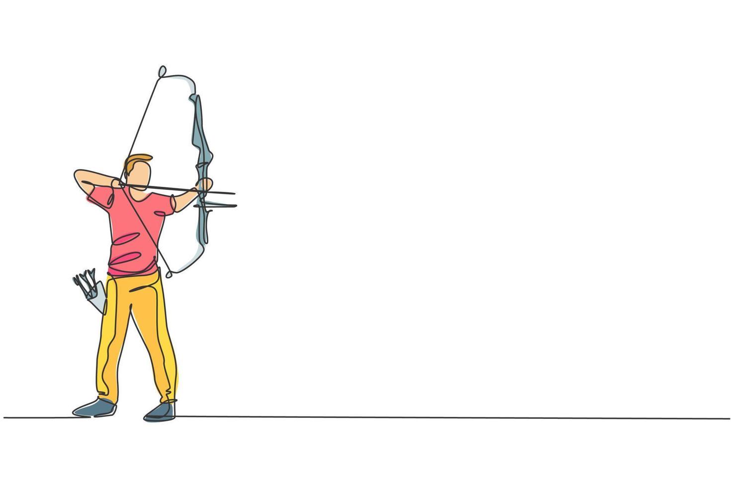 One single line drawing of young archer man focus exercising archery to hit the target graphic vector illustration. Healthy refresh shooting with bow sport concept. Modern continuous line draw design