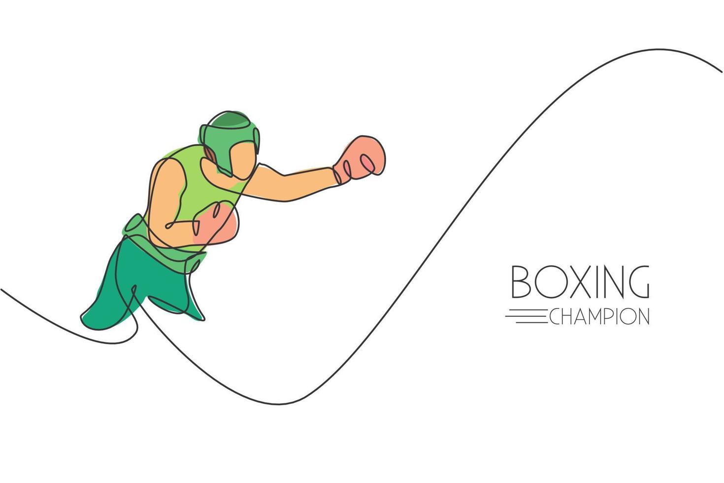 One single line drawing of young energetic man boxer practice his hook punch vector illustration. Sport combative training concept. Modern continuous line draw design for boxing championship banner