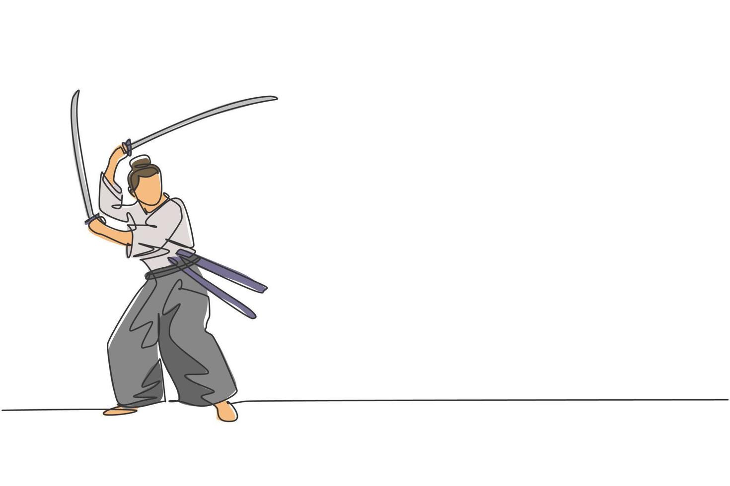 One continuous line drawing of young bravery samurai warrior pose ready to attack at training session. Martial art combative sport concept. Dynamic single line draw design graphic vector illustration
