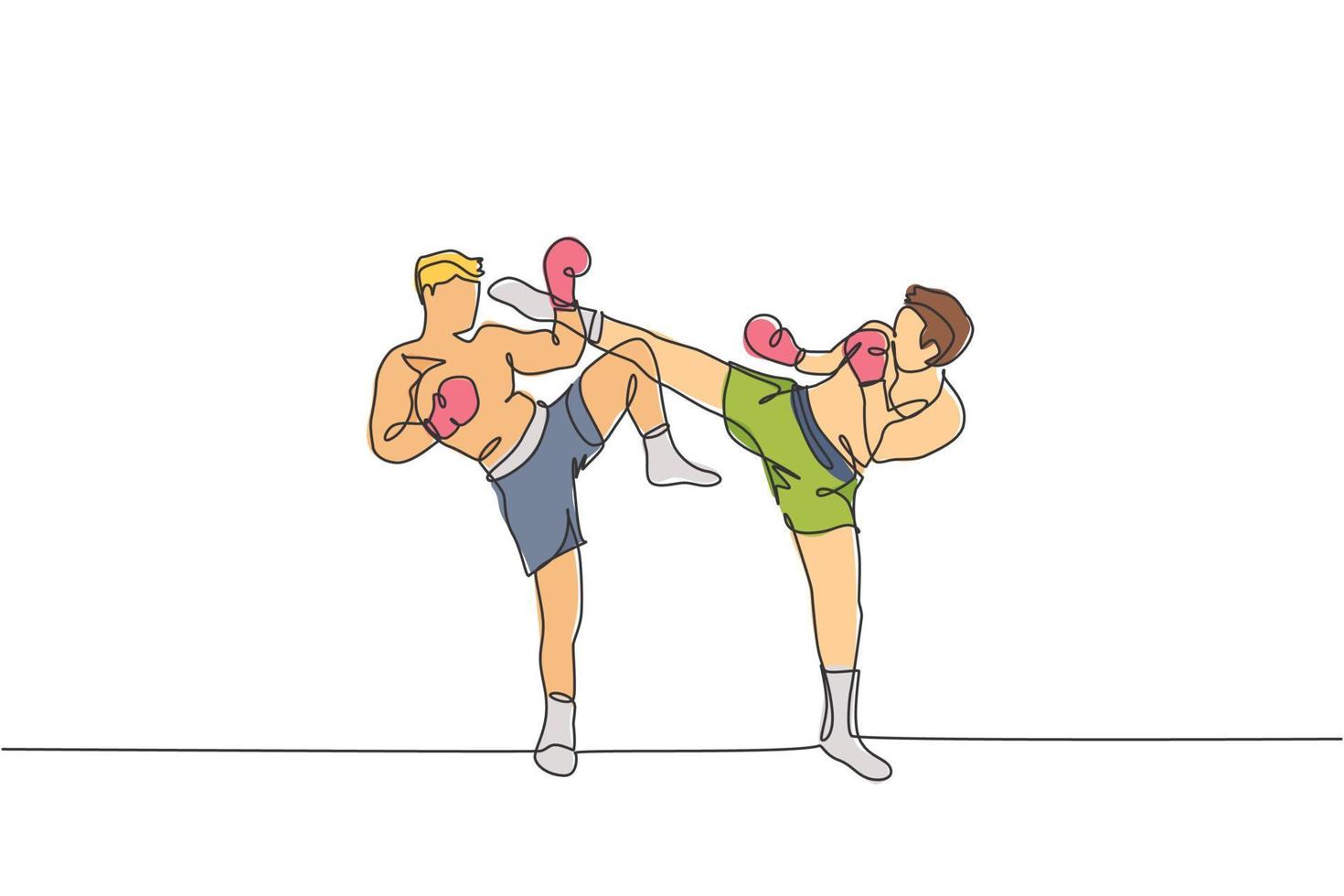 One continuous line drawing of young sporty muay thai boxer man kicking the opponent head in match game at box arena. Fighting sport game concept. Dynamic single line draw design vector illustration