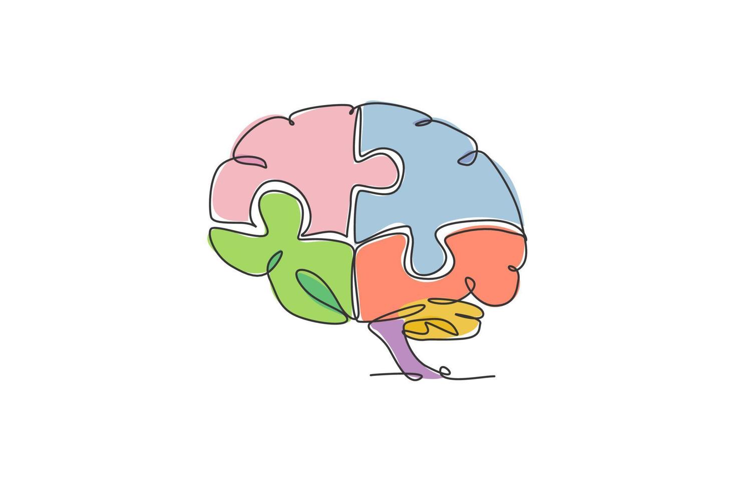 un dibujo de una sola línea del cerebro humano que se forma a partir de piezas de rompecabezas de identidad del logotipo. Oficina psicológica para encontrar el concepto de logotipo de icono de personalidad. Ilustración de vector de diseño de dibujo de línea continua