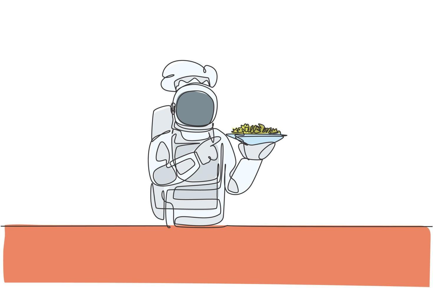 One single line drawing of young astronaut chef serving healthy salad cuisine food for cafe resto vector graphic illustration. Delicious space galaxy dish concept. Modern continuous line draw design
