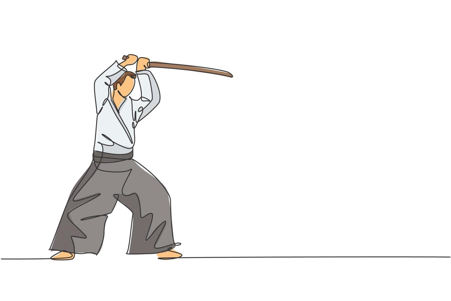 One single line drawing of young energetic man wearing kimono exercise aikido technique with wooden sword in sports hall vector illustration. Healthy sport concept. Modern continuous line draw design