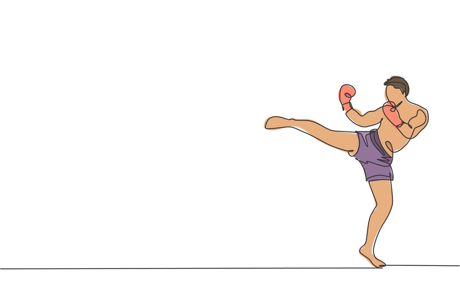 un dibujo de línea continua de un joven deportista kickboxer entrenando una poderosa patada en el gimnasio. concepto de deporte de kickboxing combativo. Ilustración gráfica de vector de diseño de dibujo de línea única dinámica