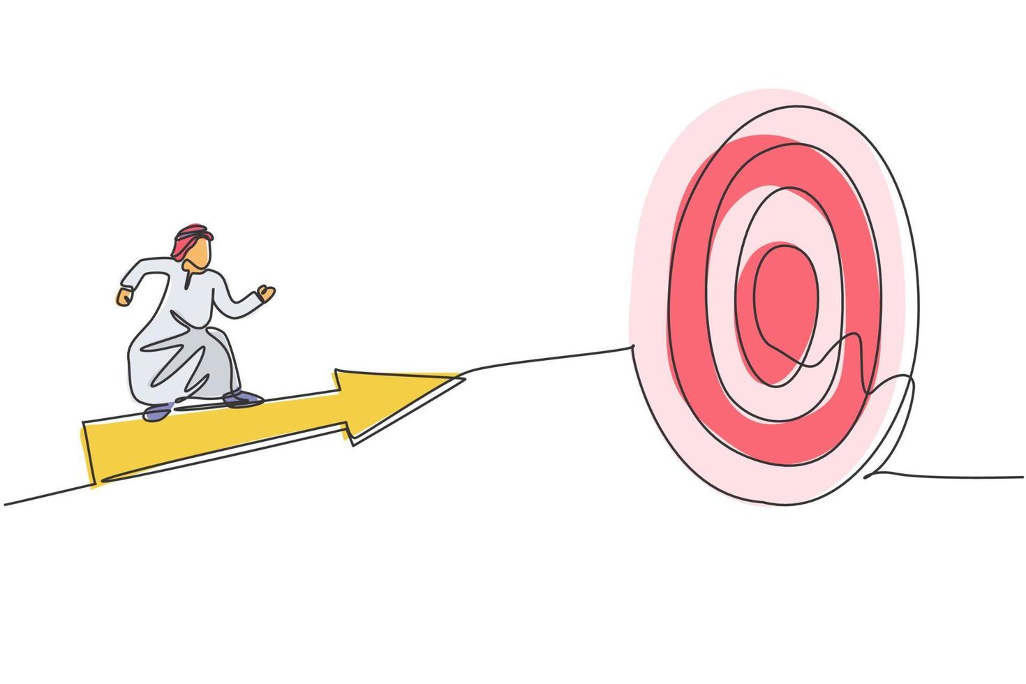 Single continuous line drawing of young Arabian businessman ride arrow symbol and flying to hit target. Smart professional manager. Minimalism concept one line draw graphic design vector illustration