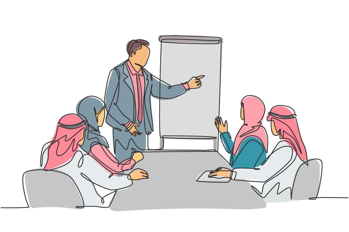 un dibujo de línea continua de un joven entrenador de negocios musulmán que imparte capacitación empresarial en una reunión de la empresa. ropa islámica shemag, kandura, bufanda, keffiyeh. Ilustración de vector de diseño de dibujo de una sola línea