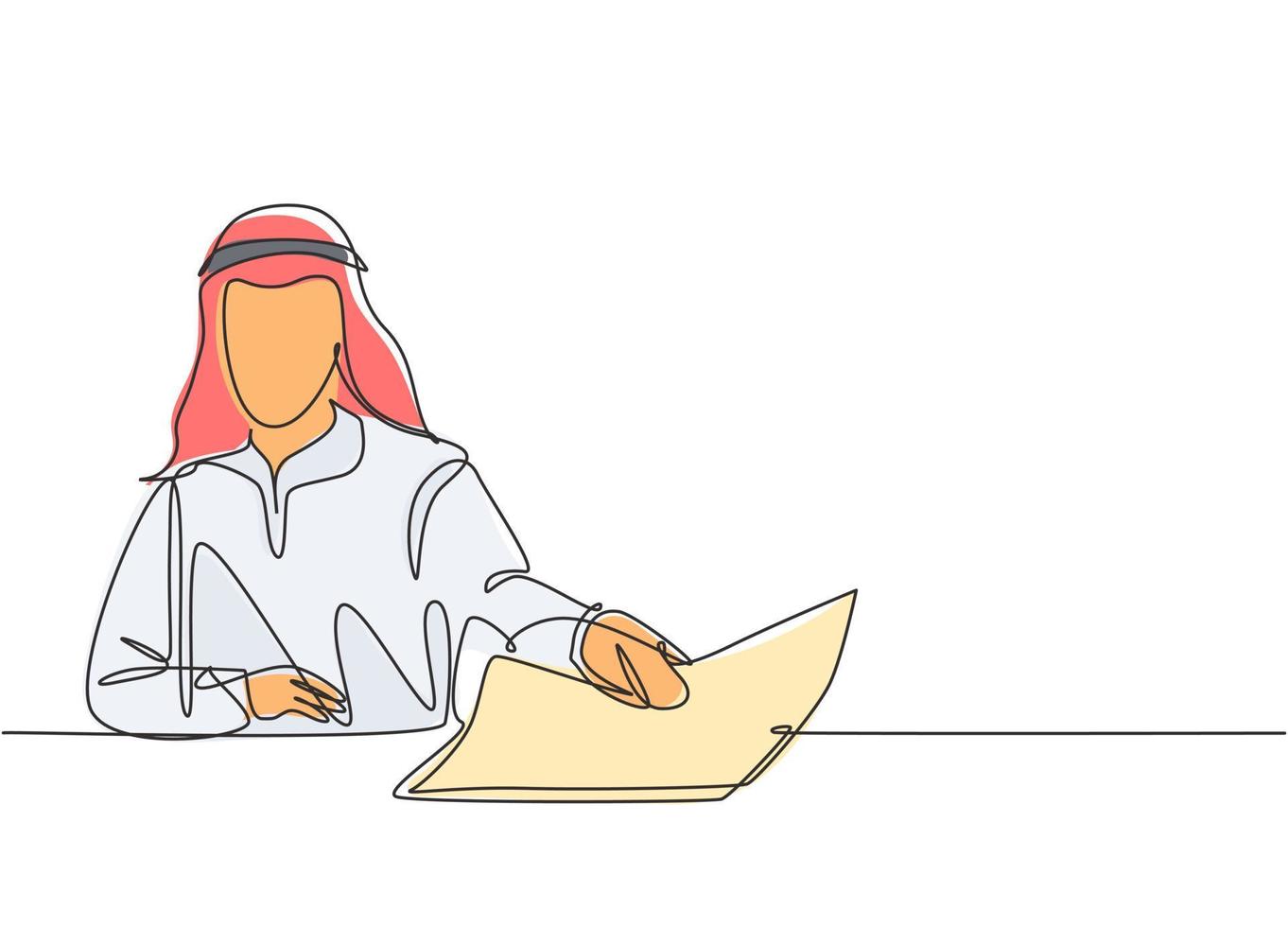 un dibujo de línea continua de un joven empresario musulmán dando un acuerdo de contrato de trabajo al nuevo personal. ropa islámica shemag, kandura, bufanda, keffiyeh. Ilustración de vector de diseño de dibujo de una sola línea