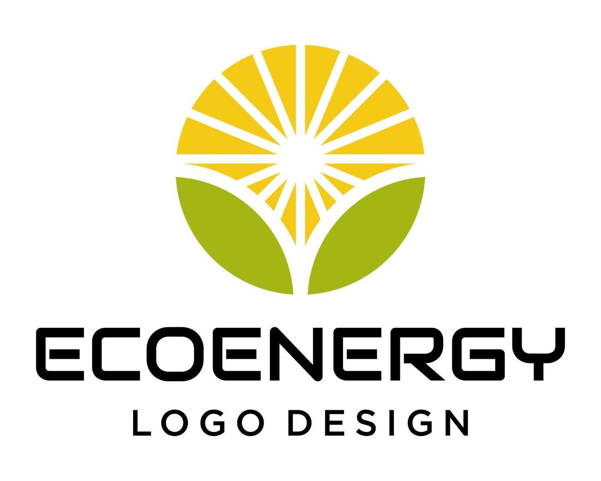Sun power icon and leaf renewable energy logo design. vector
