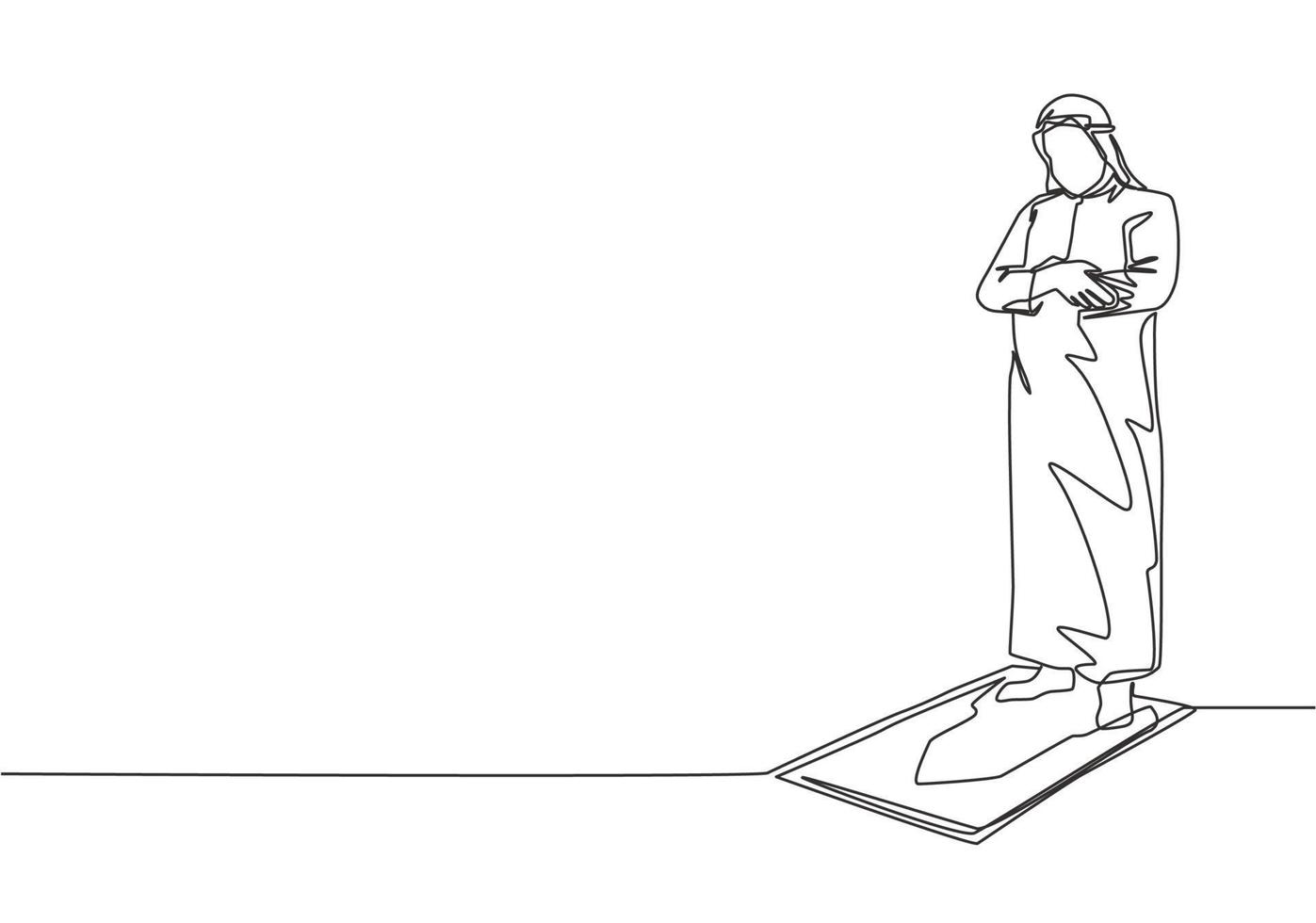 One single line drawing of young muslim person pray salat on sajadah in shmag traditional Arab cloth. Ramadan Kareem and Eid Mubarak pray concept continuous line draw design vector illustration