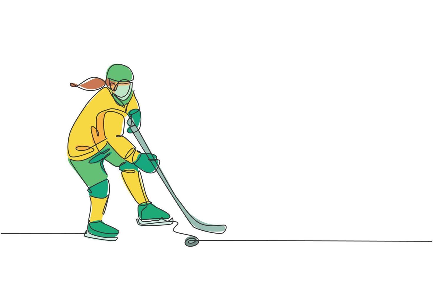 One single line drawing of young ice hockey player in action to play a competitive game on ice rink stadium vector graphic illustration. Sport tournament concept. Modern continuous line draw design