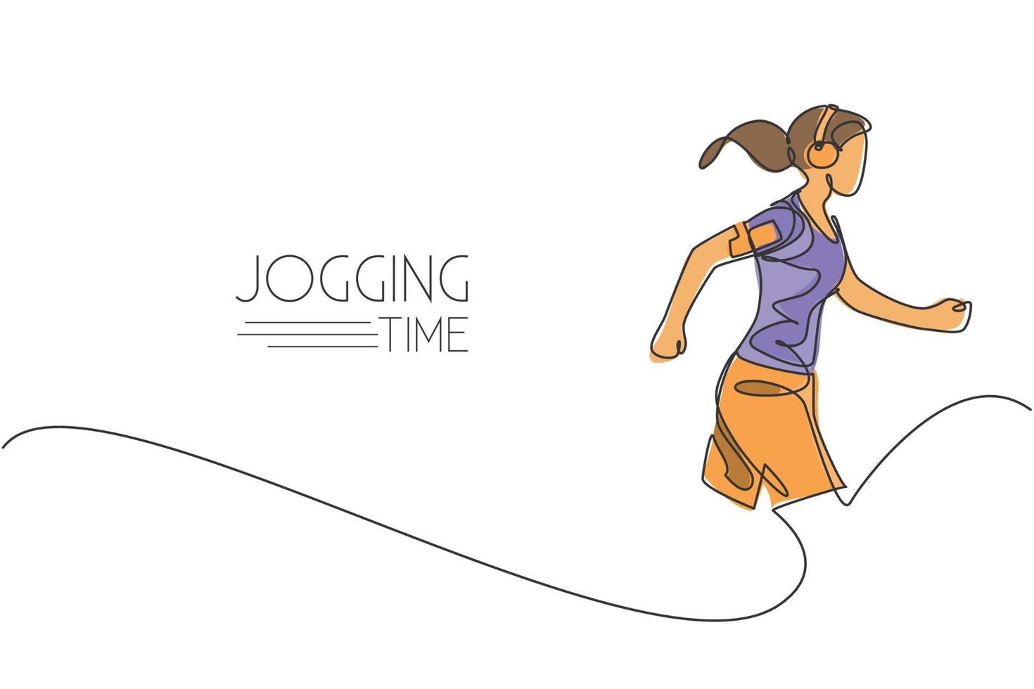 One single line drawing of young energetic woman runner run relax with music from smartphone vector illustration. Healthy sport training concept. Modern continuous line draw design for running banner