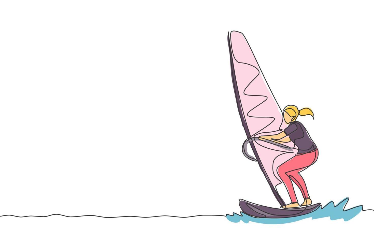 un dibujo de una sola línea de una joven deportista que juega al windsurf en la ilustración vectorial de la playa del mar. estilo de vida saludable y concepto de deporte extremo. vacaciones de verano. diseño moderno de dibujo de línea continua vector