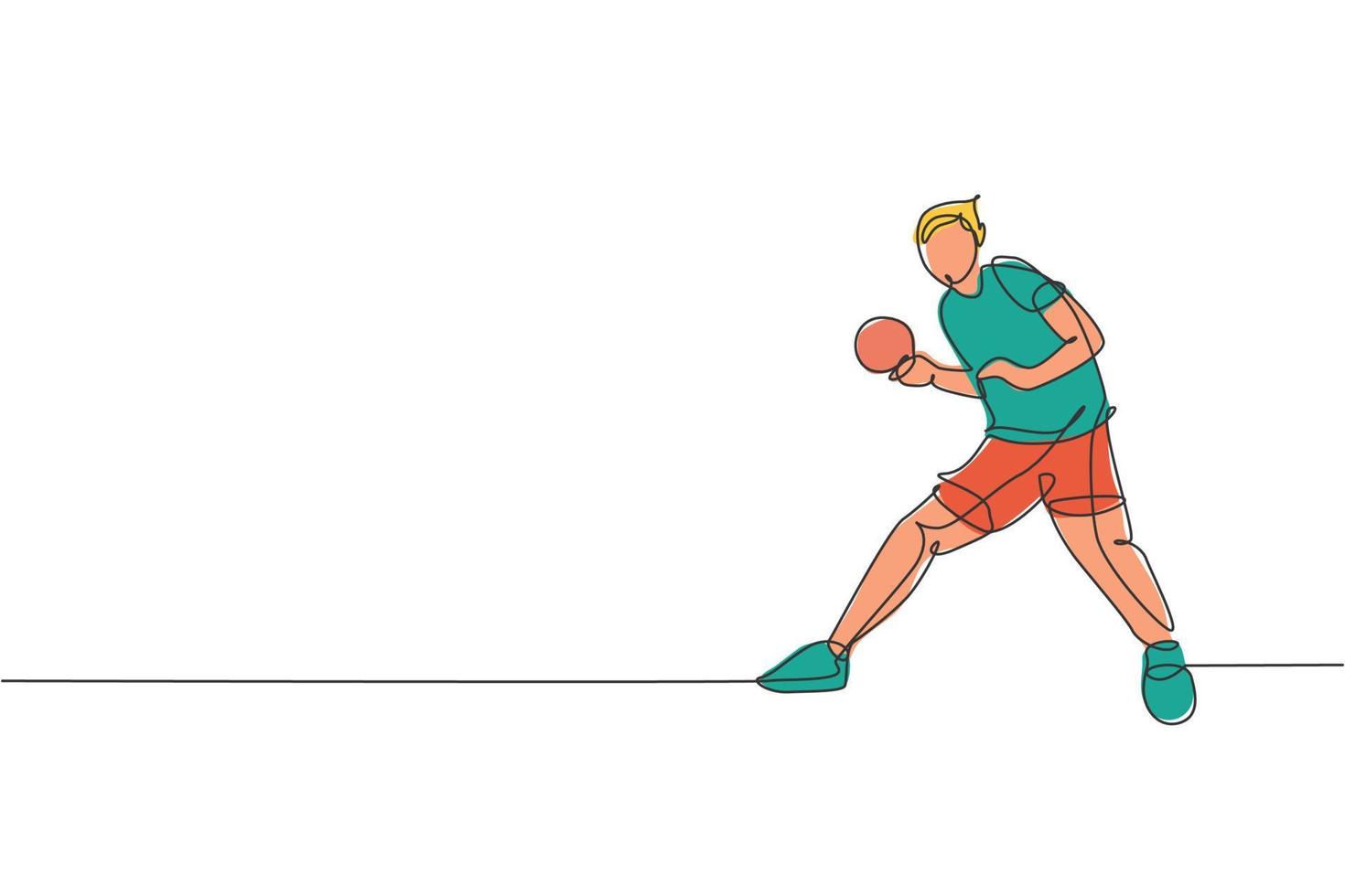 One single line drawing young energetic man table tennis player train seriously vector graphic illustration. Sport training concept. Modern continuous line draw design for ping pong tournament banner