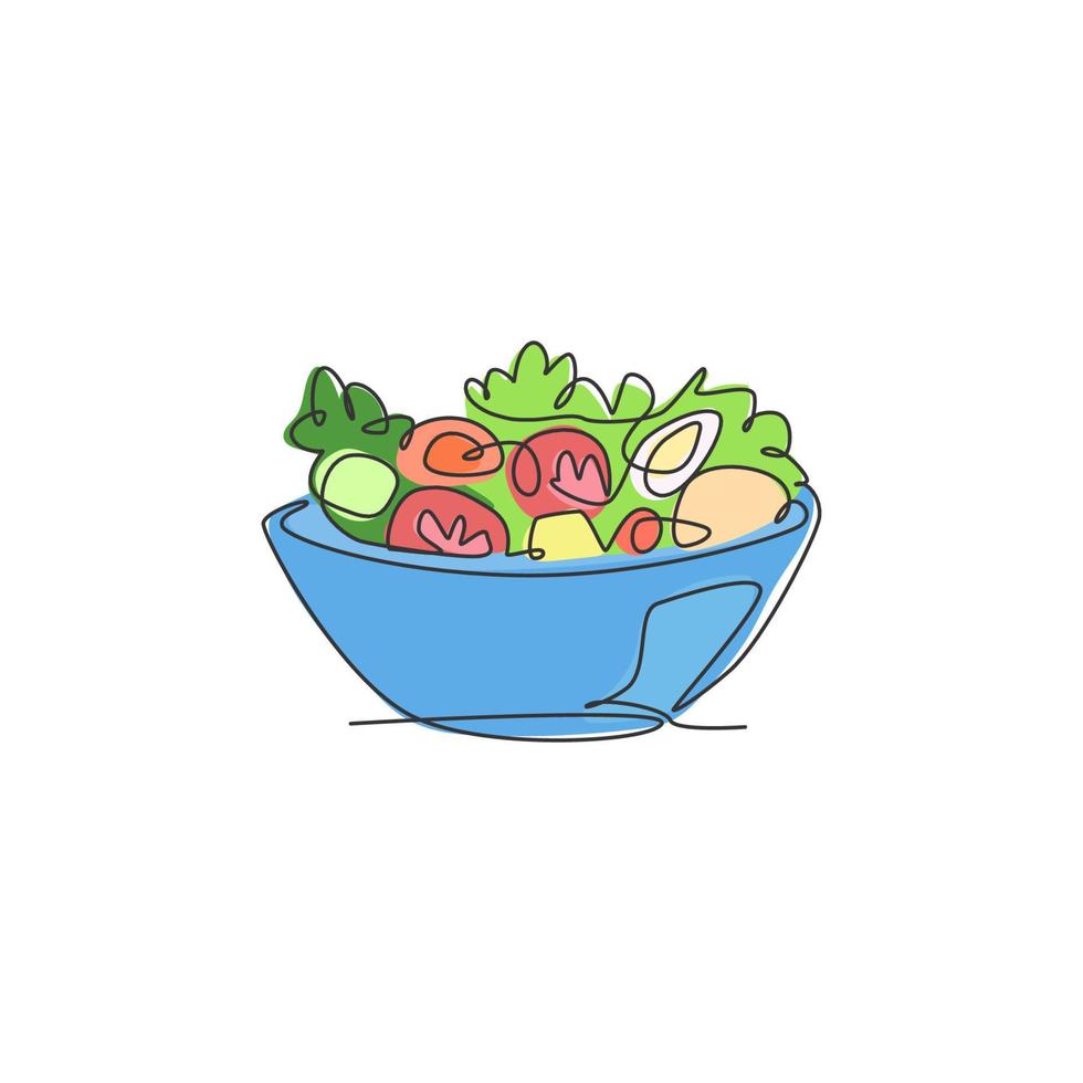 dibujo de una sola línea continua de ensalada de verduras estilizadas en la etiqueta del logotipo del tazón. concepto de restaurante de comida saludable. ilustración de vector de diseño de dibujo de una línea moderna para cafetería, tienda o servicio de entrega de alimentos